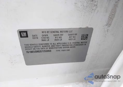 2016 Chevrolet Cruze Lt Auto z USA, uszkodzony, nr VIN 1G1BE5SM2G7250860